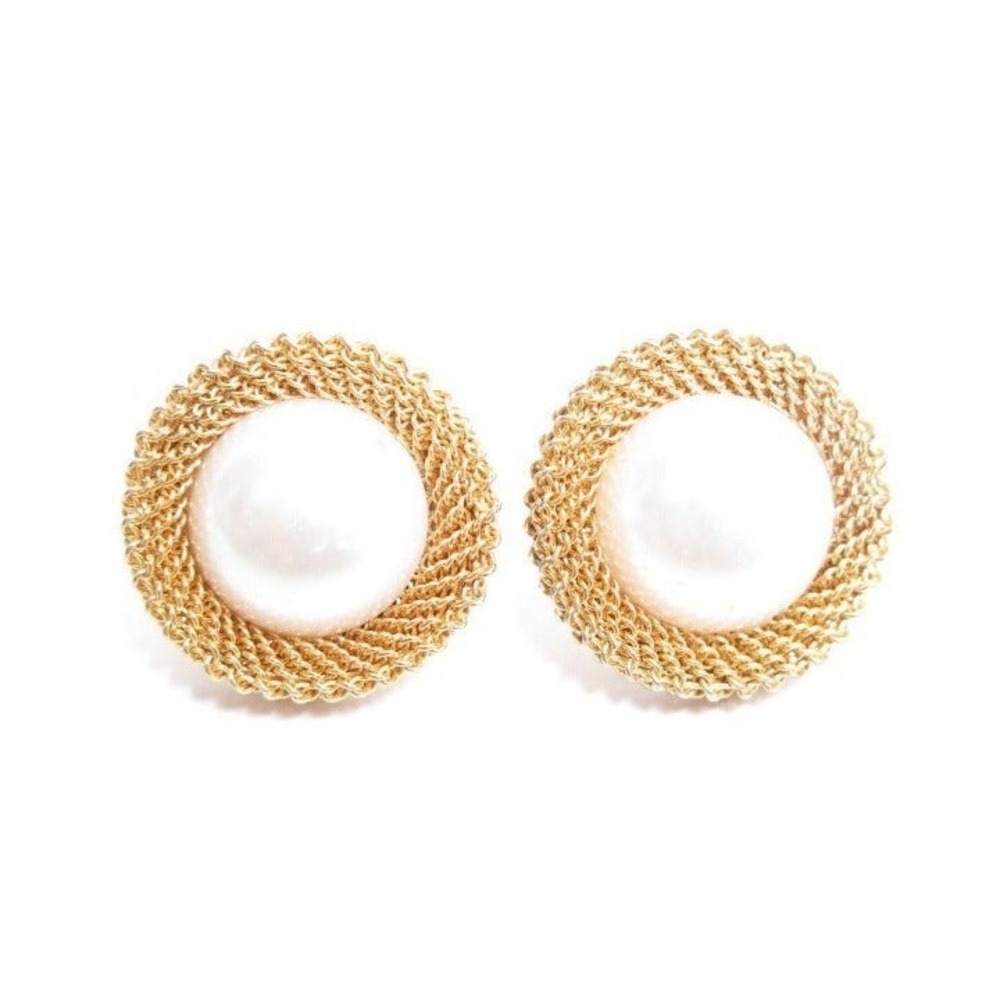 Gold Plated Mesh Fx Pearl Rd Earrings